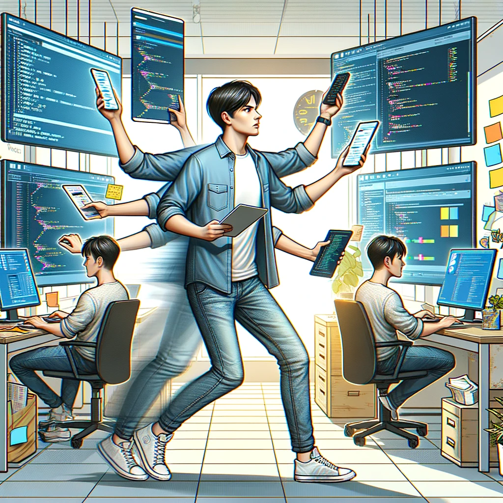 An image that represent a fullstack developer doing lot of thing a the same time
